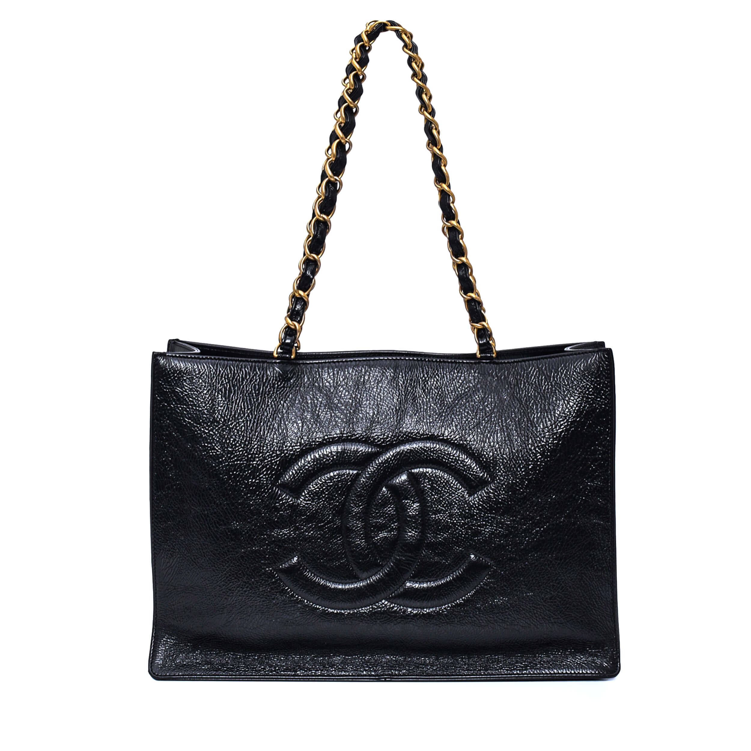 Chanel - Black Glazed Aged Calf Leather CC Tote Bag